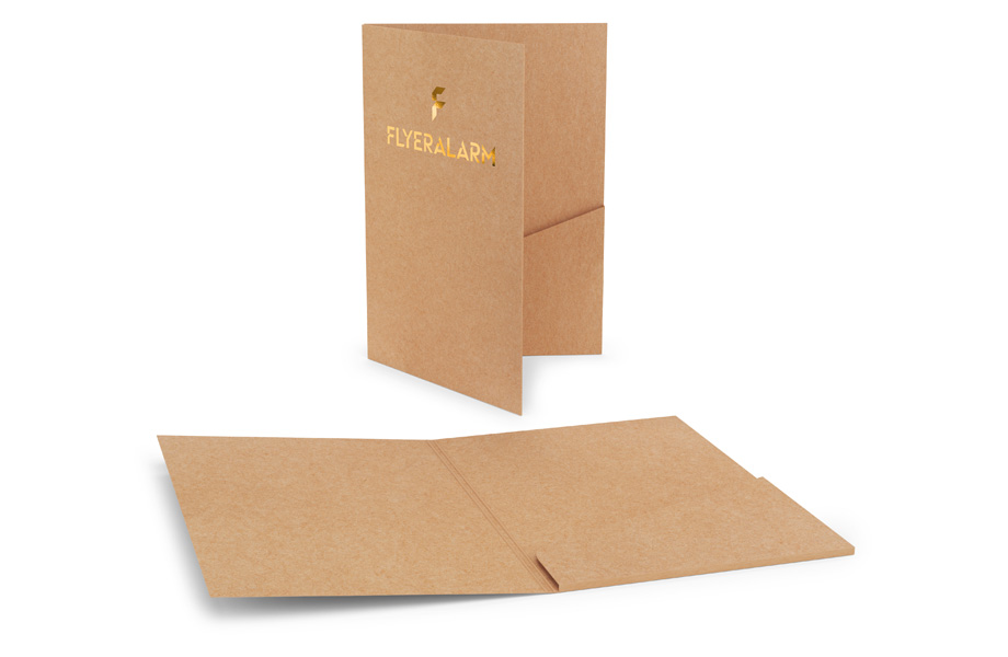 Folders with glued pocket, recycled cardboard with gold hot foil
